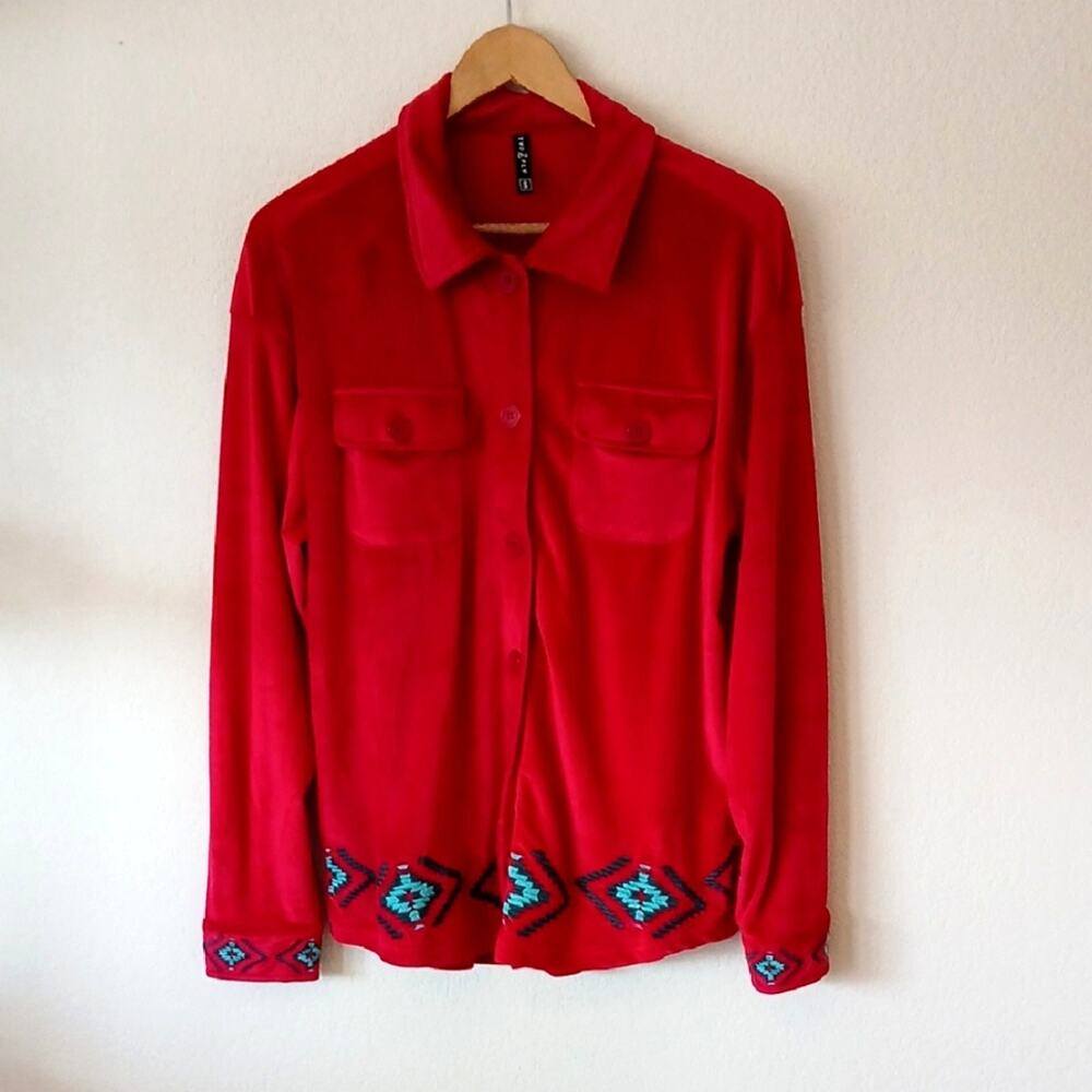Two Fly 2 Fly Red Velvet Button Up Shirt Southwest Embroidery